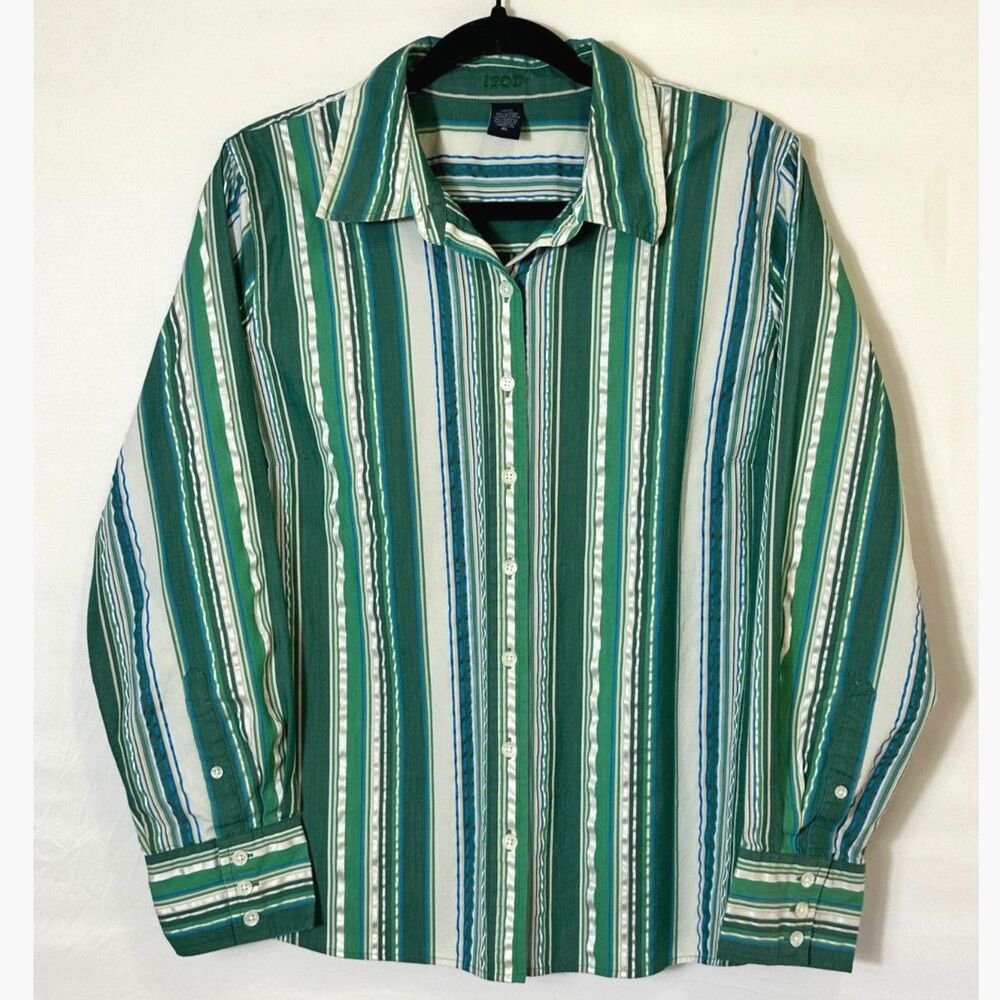 Izod Women's Green Striped Seersucker Button Down Blouse Long Sleeve Size XL